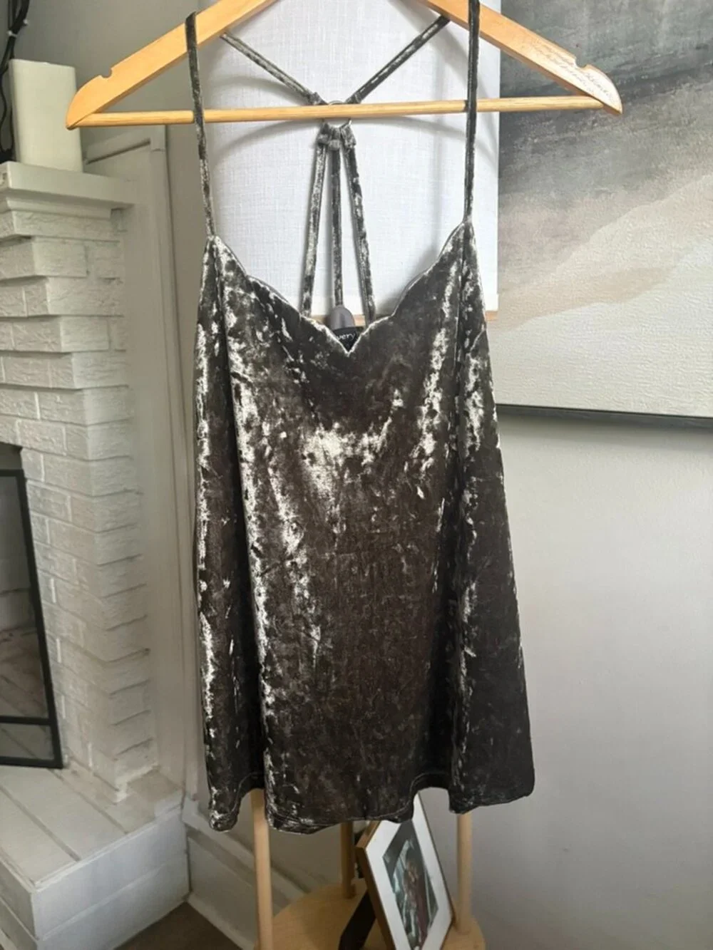 Charcoal Crushed Velvet Strappy Open Back Cami Tank Top
